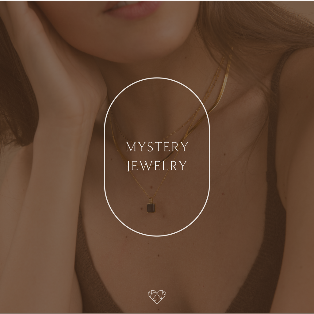 A woman wears layered gold necklaces, adding whimsical charm to her look. The text "Mystery Jewelry" appears in a white oval at the center.
