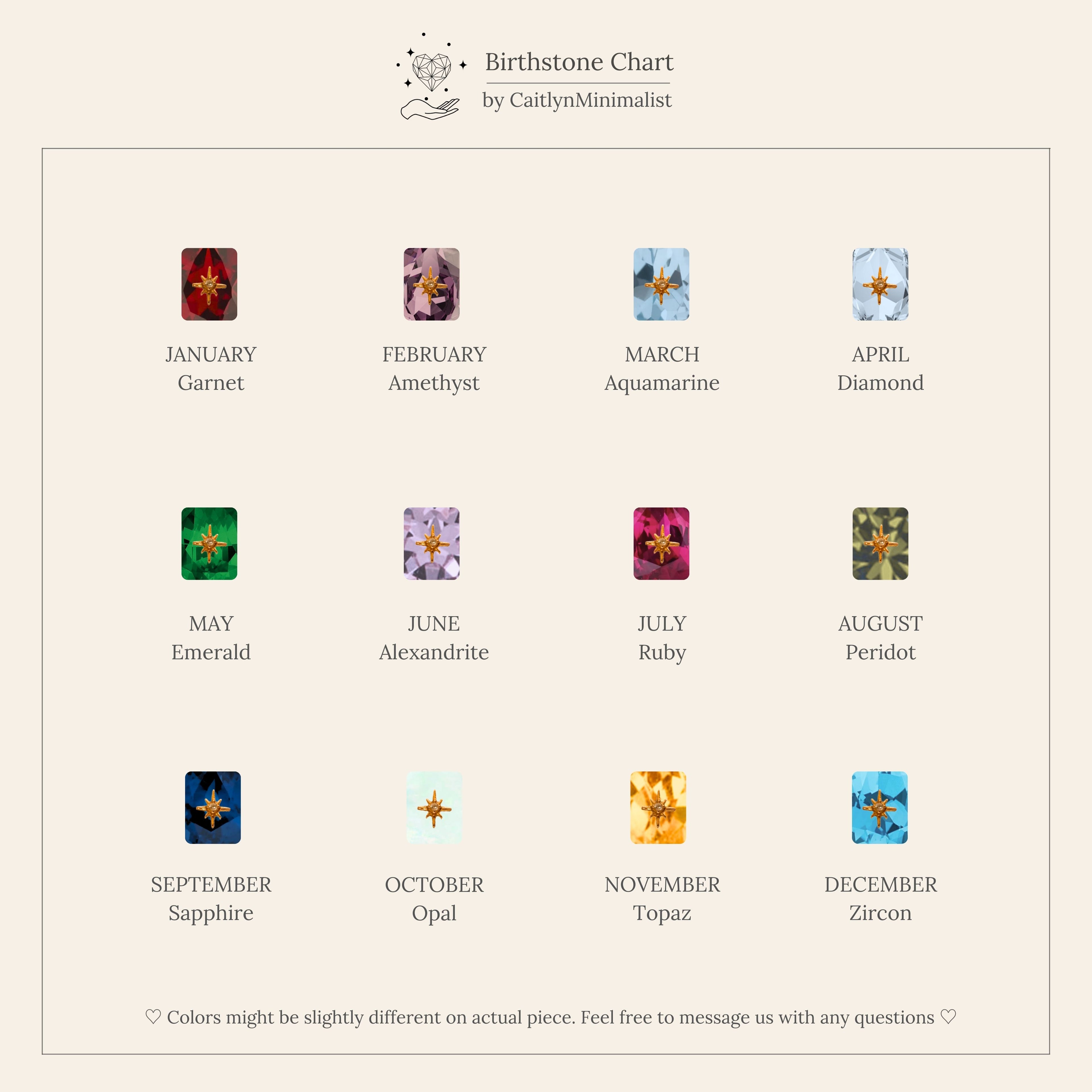 Caitlyn Minimalist birthstone chart featuring garnet, amethyst, aquamarine, diamond, emerald, alexandrite, ruby, peridot, sapphire, opal, topaz, and zircon.