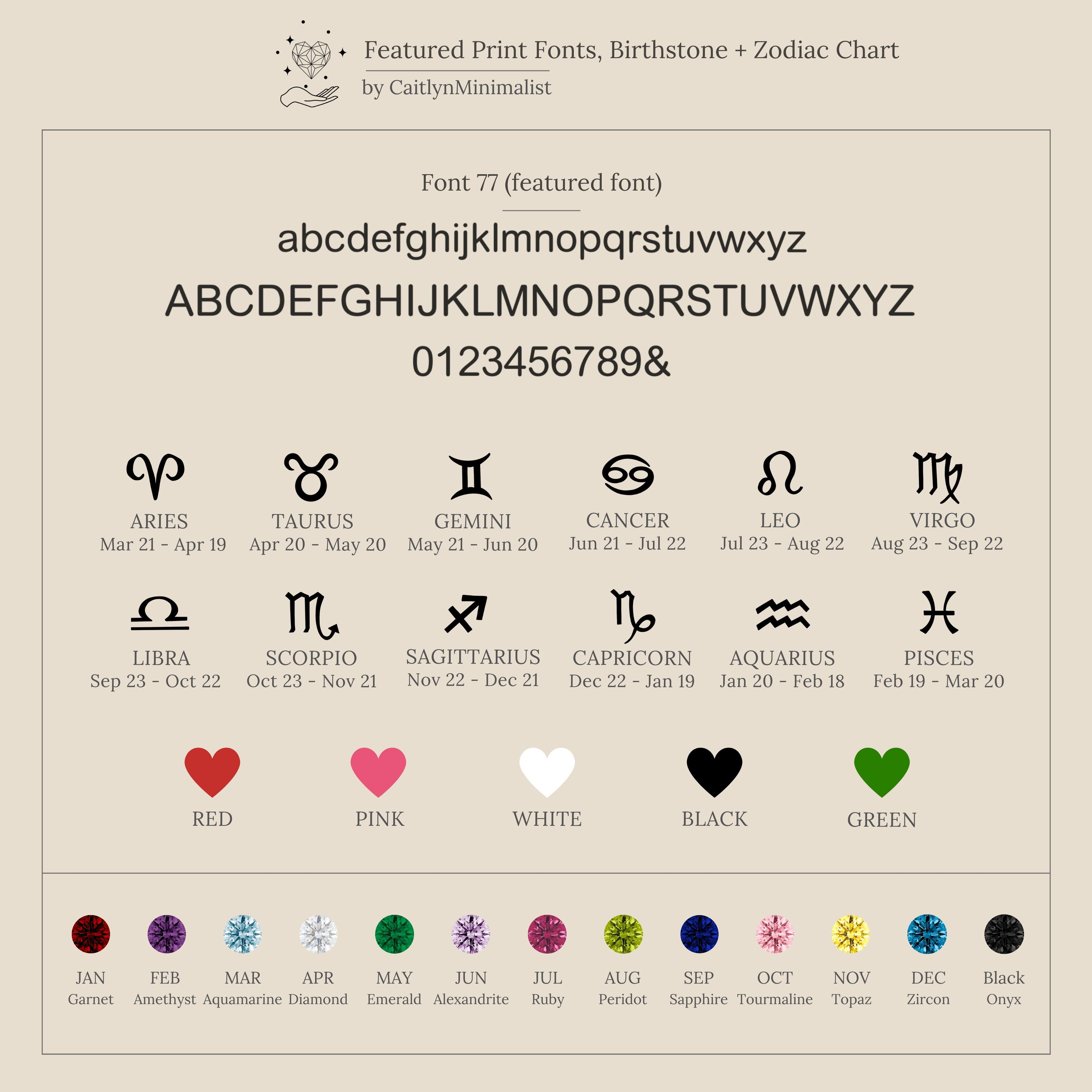 Font sample with alphabet, numbers, zodiac, and birthstone icons—ideal for creating a personalized Dainty Space Charm Necklace in Sterling Silver—with heart colors and their meanings.