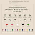The Dainty Space Charm Necklace features Font 77 alphabet, zodiac signs with dates, birthstones, and colored hearts for each month—perfect as inspiration for your own personalized jewelry.