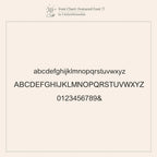 Neutral sans-serif font chart displays lowercase, uppercase, numbers, and ampersand on a beige background—perfect for customizing your Lariat Name Necklace or other personalized jewelry designs.