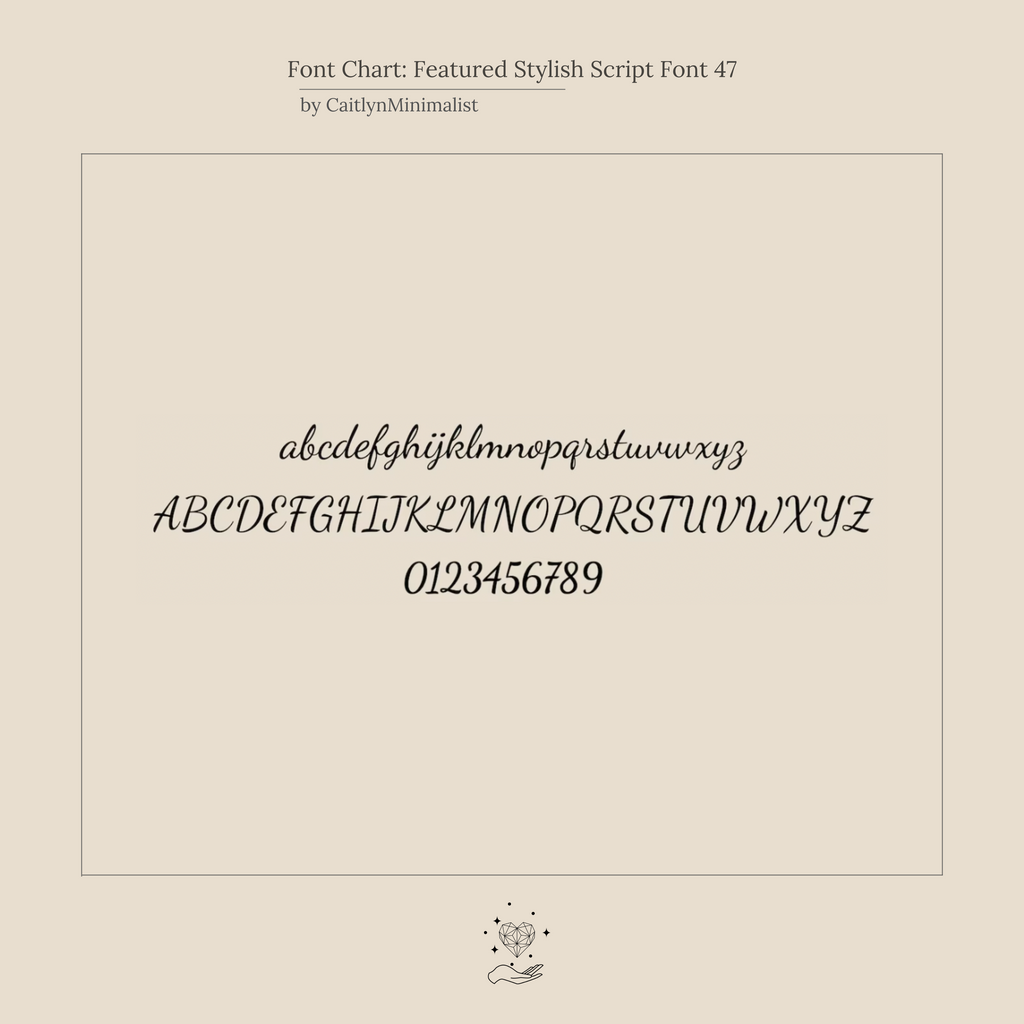 Script font sample displaying cursive letters and numbers on a beige background—ideal for customizing the Stylish Pearl Initial Heart Necklace with elegant, personalized lettering.