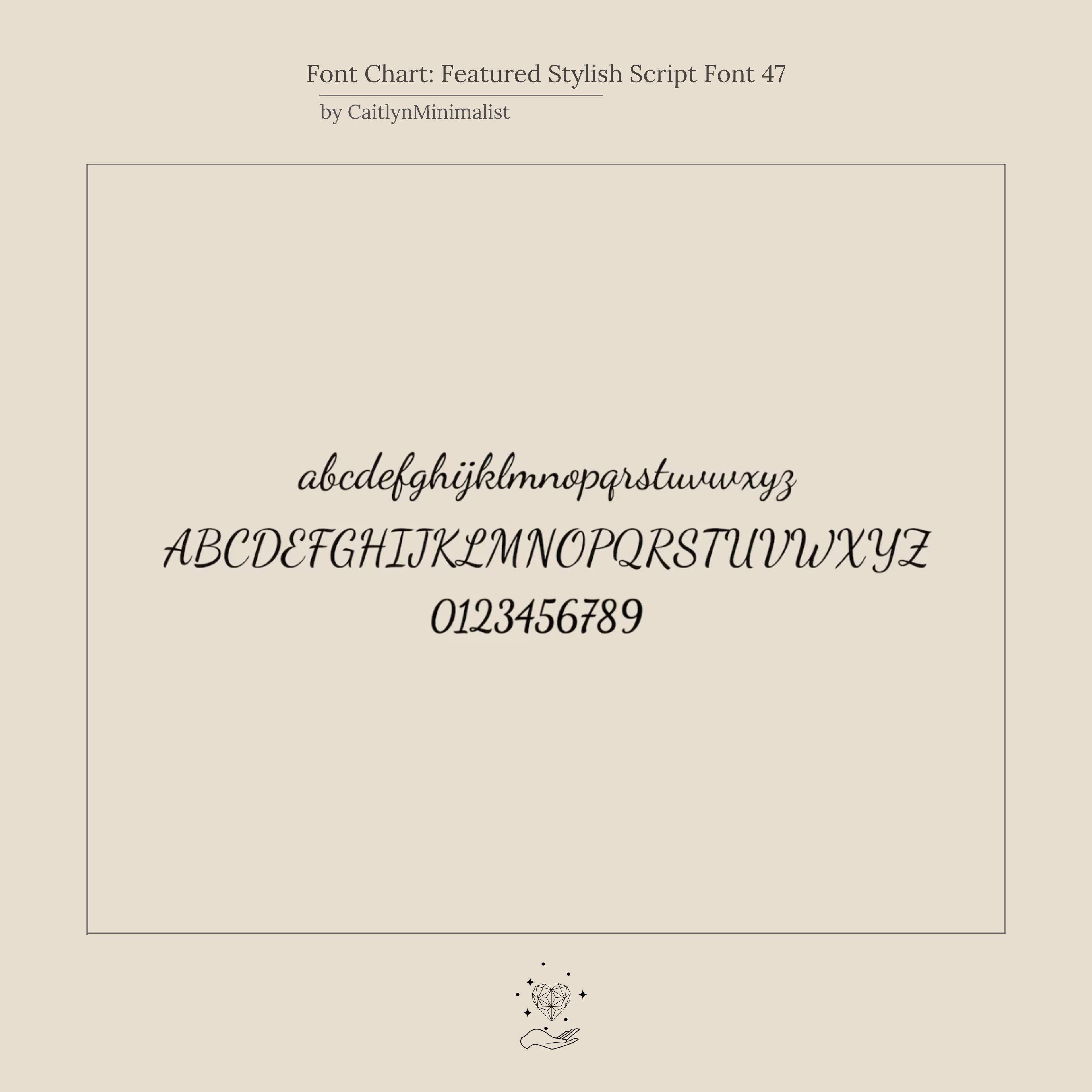 Script font sample displaying cursive letters and numbers on a beige background—ideal for customizing the Stylish Pearl Initial Heart Necklace with elegant, personalized lettering.