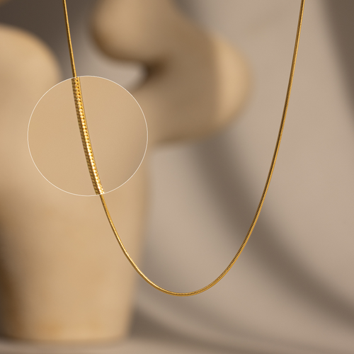 Close-up of a gold snake chain with a blurred background