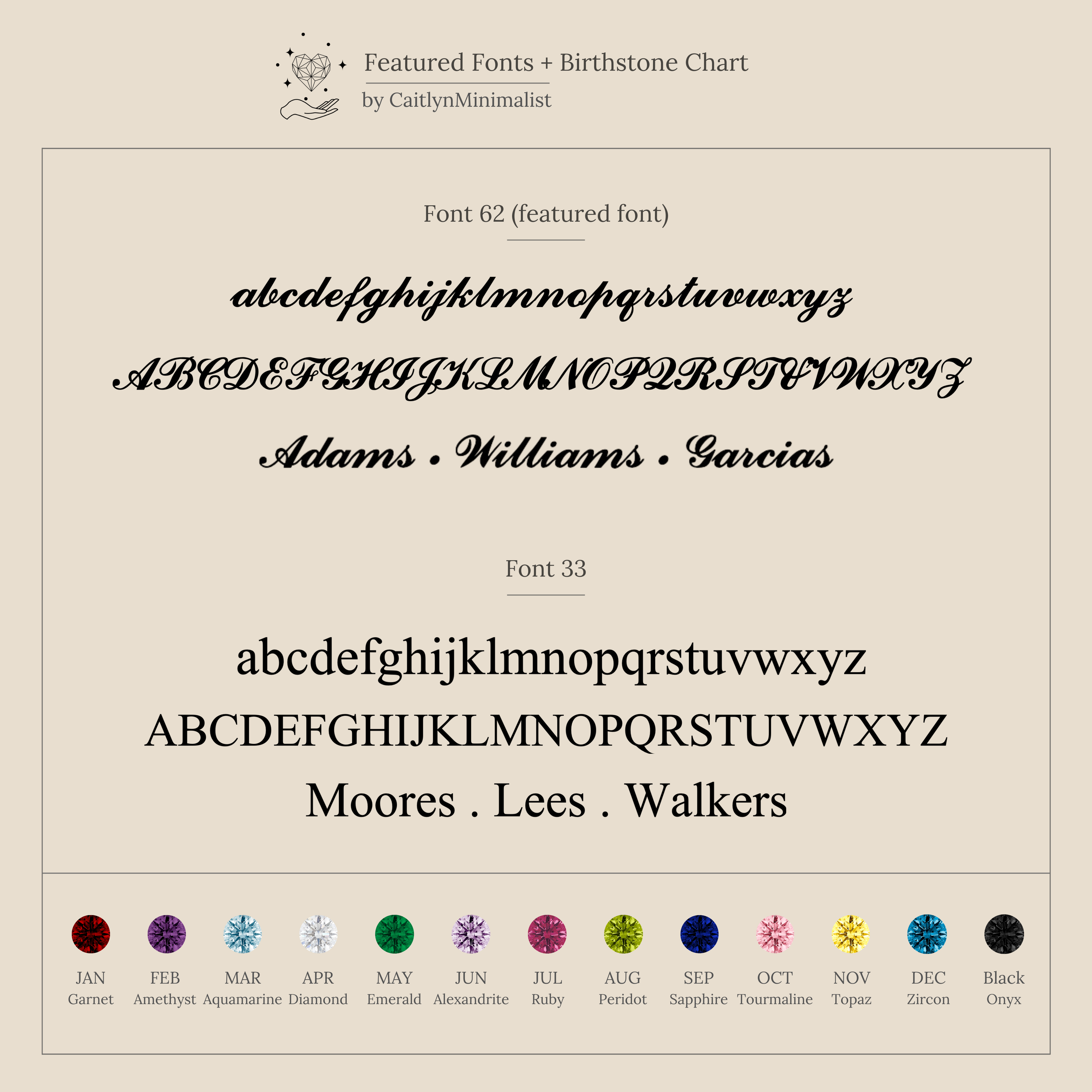 A chart showing two font styles with birthstones and month names, ideal for personalizing your Calendar Birthstone Necklace or any custom necklace with birthstone jewelry.