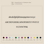 Image showing serif font samples (lowercase, uppercase, numbers) and a birthstone chart—ideal for customizing your Mini Birthstone Tag Necklace.