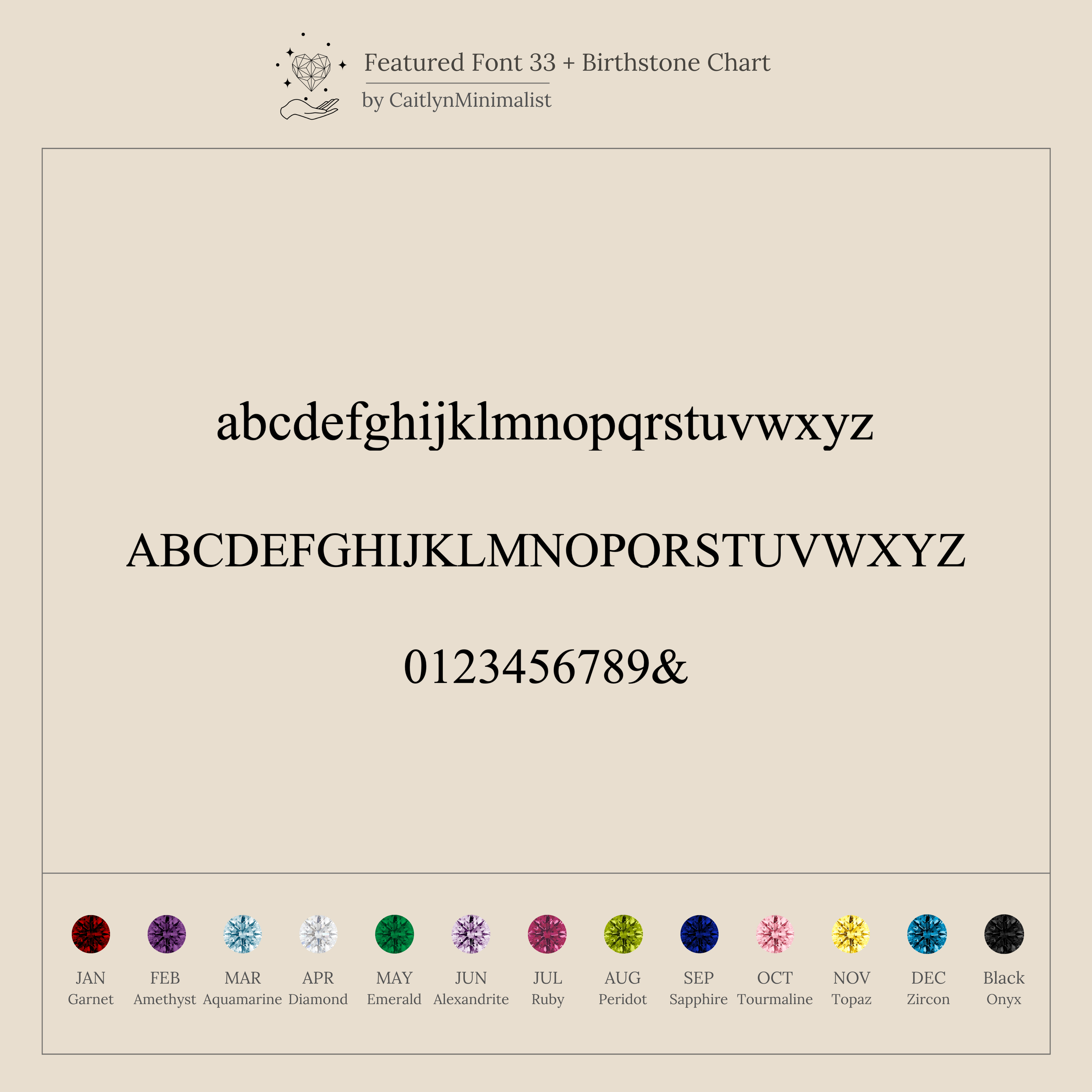 Image showing serif font samples (lowercase, uppercase, numbers) and a birthstone chart—ideal for customizing your Mini Birthstone Tag Necklace.