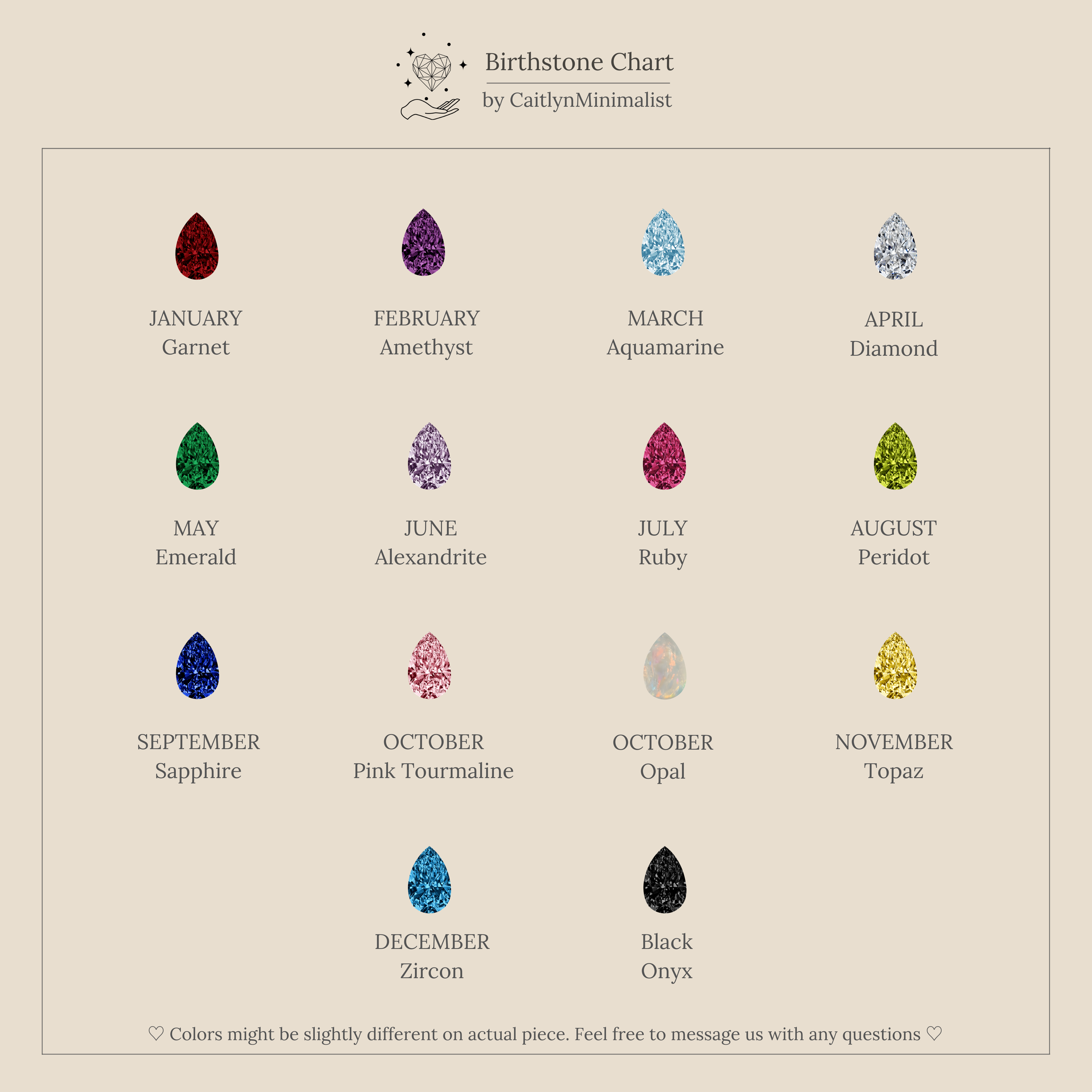 The Pear & Baguette Birthstone Charm Set in Rose Gold features twelve vibrant monthly gems plus black onyx, ideal for creating a personalized jewelry or birthstone charm collection.