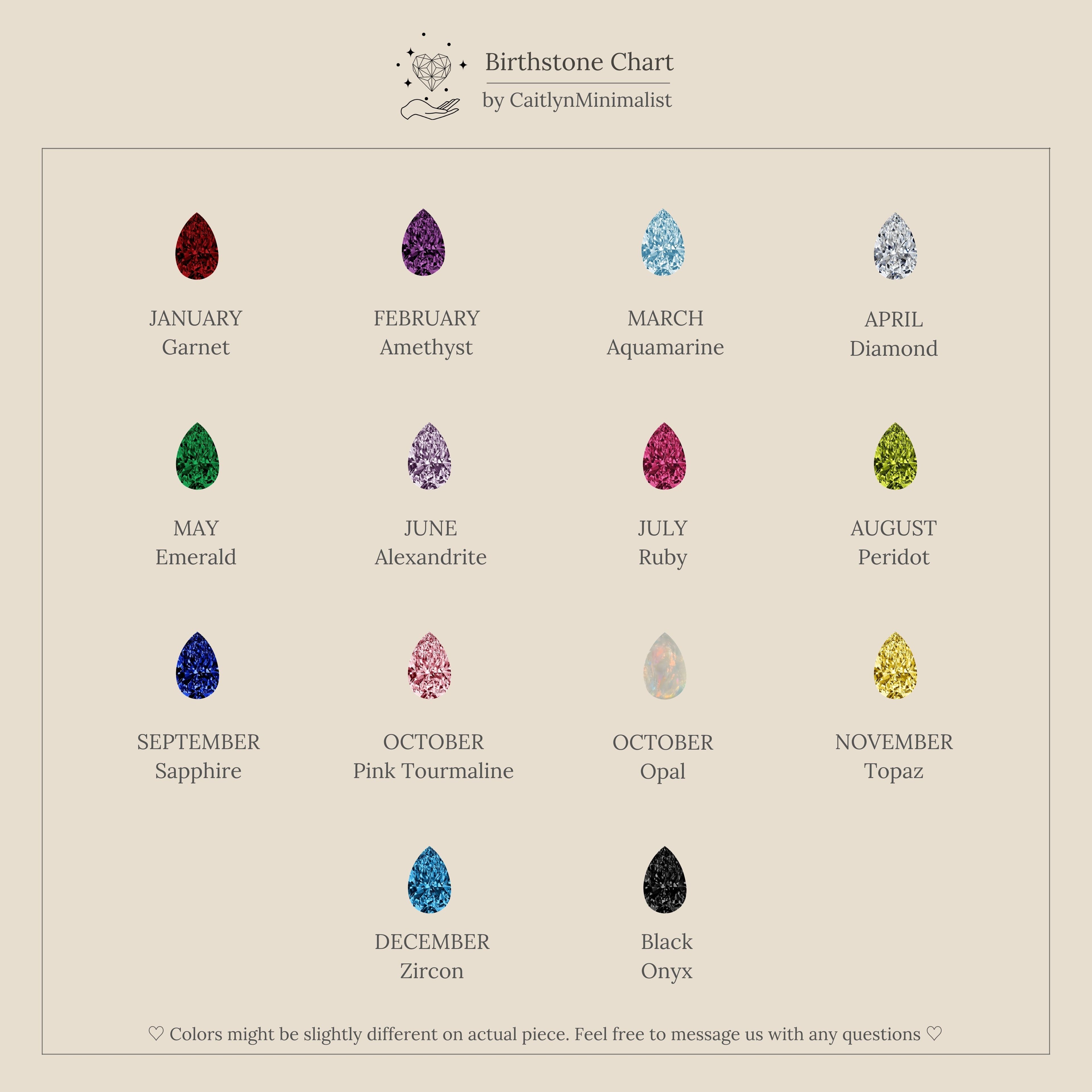 Birthstone chart with gem illustrations for each month, including black onyx, arranged in a grid—ideal for selecting stones to personalize your Toi et Moi Wrap Ring in Silver.