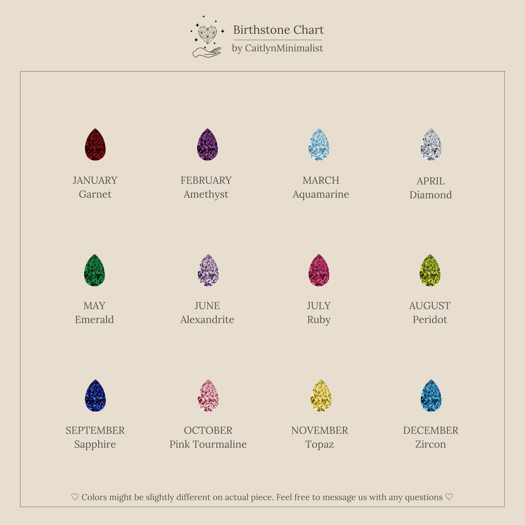 The Teardrop Birthstone Charm chart displays twelve colored gemstones by month in gold bezels on a beige background—an ideal reference for choosing your birthstone charm or gemstone jewelry.
