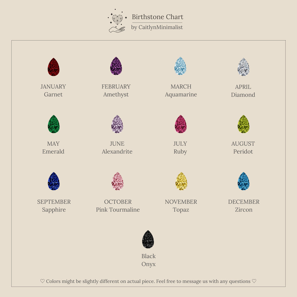 Birthstone chart with gemstone names and colors for each month—includes black onyx as an extra option. Perfect for selecting a romantic Toi et Moi Pear Birthstone Ring gift.