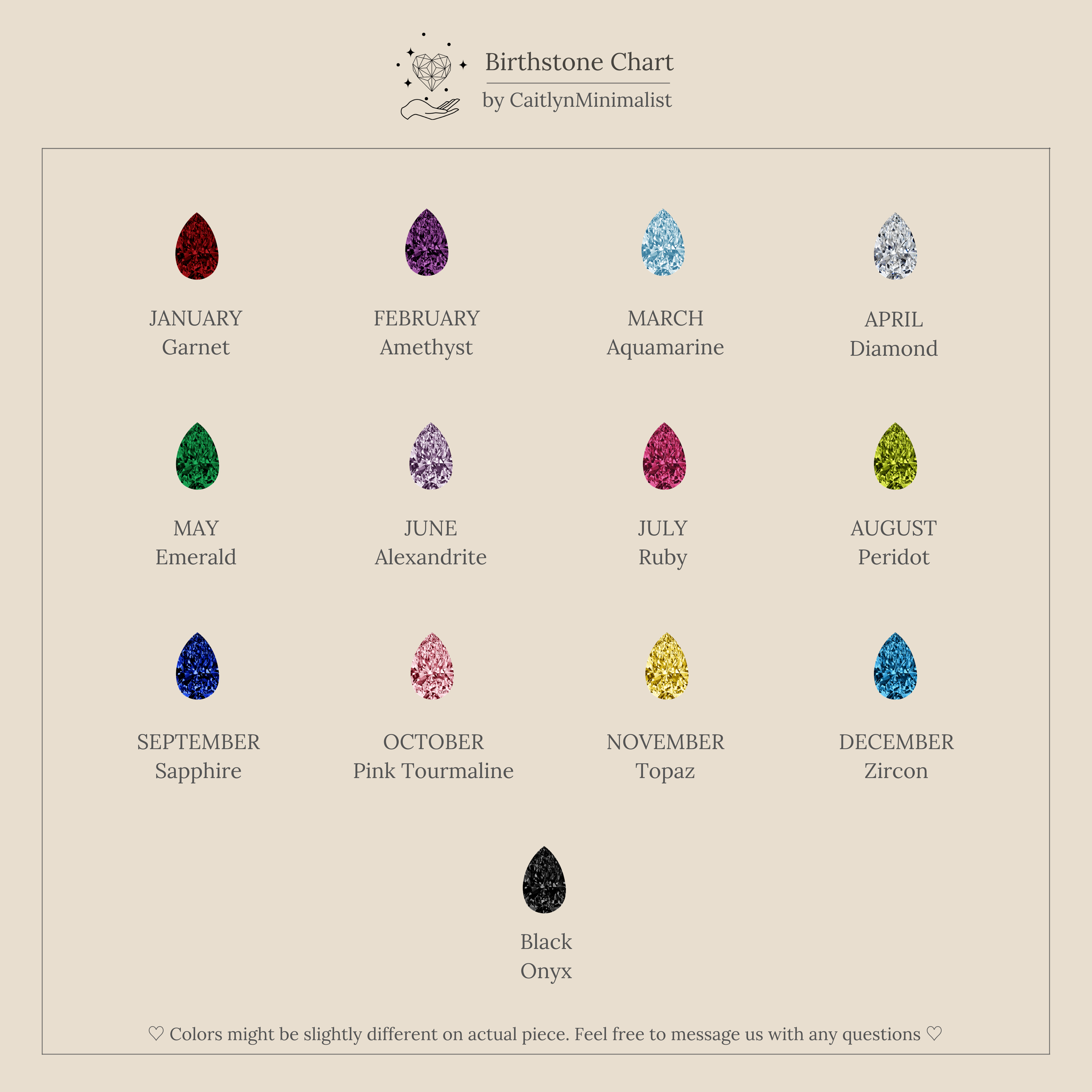 Birthstone chart with gemstone names and colors for each month—includes black onyx as an extra option. Perfect for selecting a romantic Toi et Moi Pear Birthstone Ring gift.