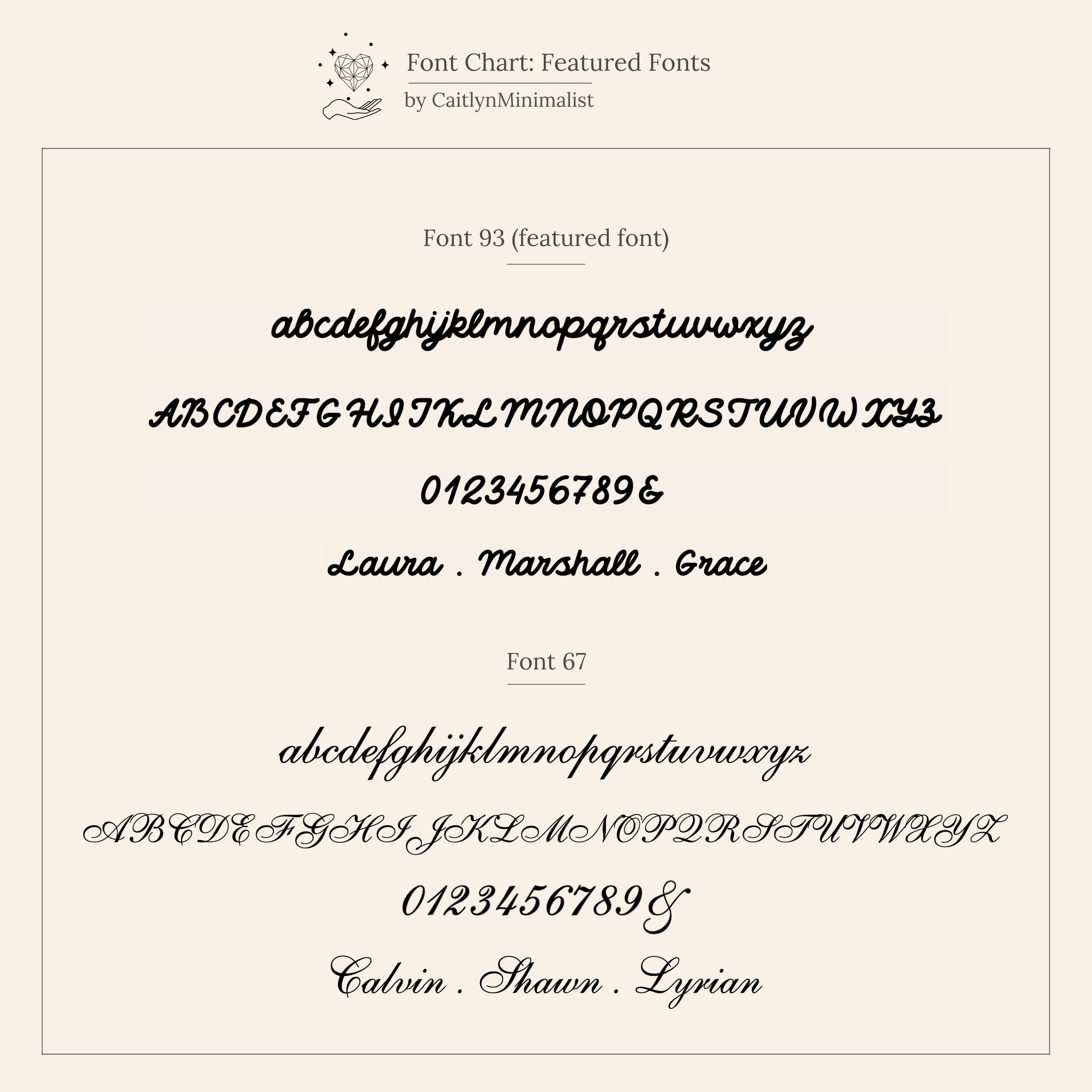 Font chart showing two cursive fonts with uppercase, lowercase, numbers, and example names—ideal for selecting lettering on a custom engraved Ribbed Name Ring in 18K Gold or other personalized jewelry.