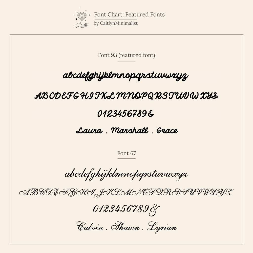 Font chart featuring two cursive fonts with sample text, numbers, and names—ideal for customizing your Ribbed Name Ring in Silver. Black fonts on a beige background help you select your perfect engraving style.