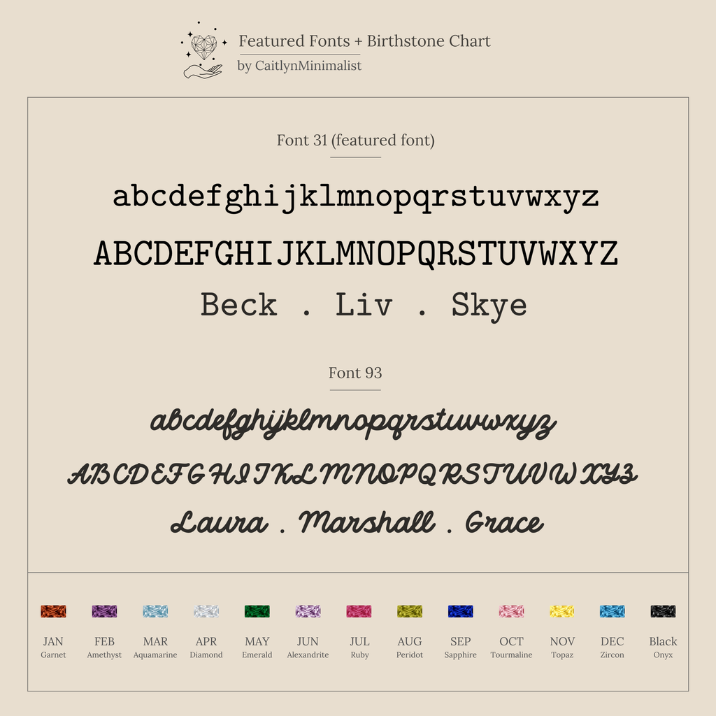 Font samples with uppercase, lowercase, and name examples, plus birthstones for each month are shown below—ideal for customizing your Toi et Moi Baguette Name Ring in Rose Gold or choosing a preferred baguette birthstone style.
