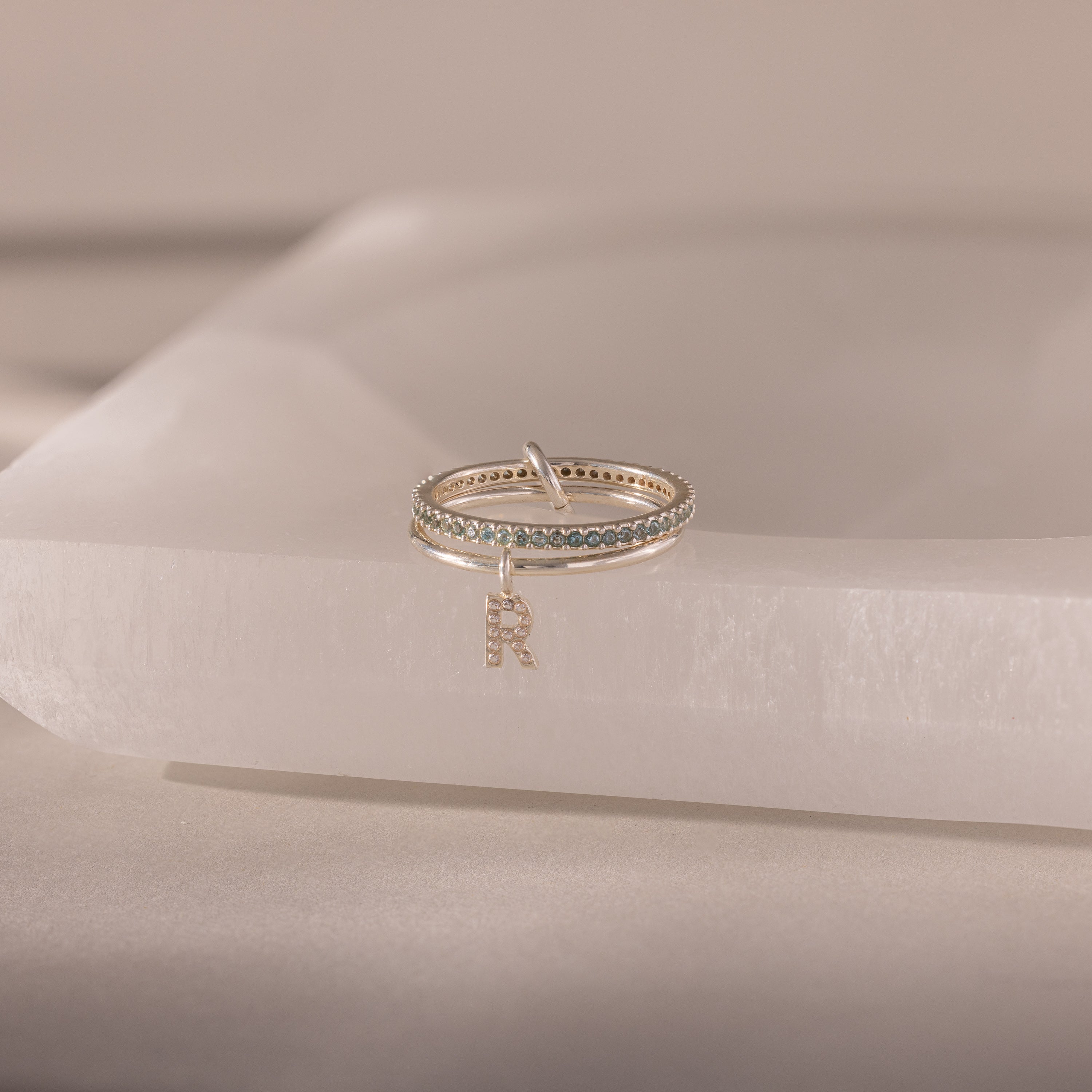 Linked Initial Aquamarine Ring Set