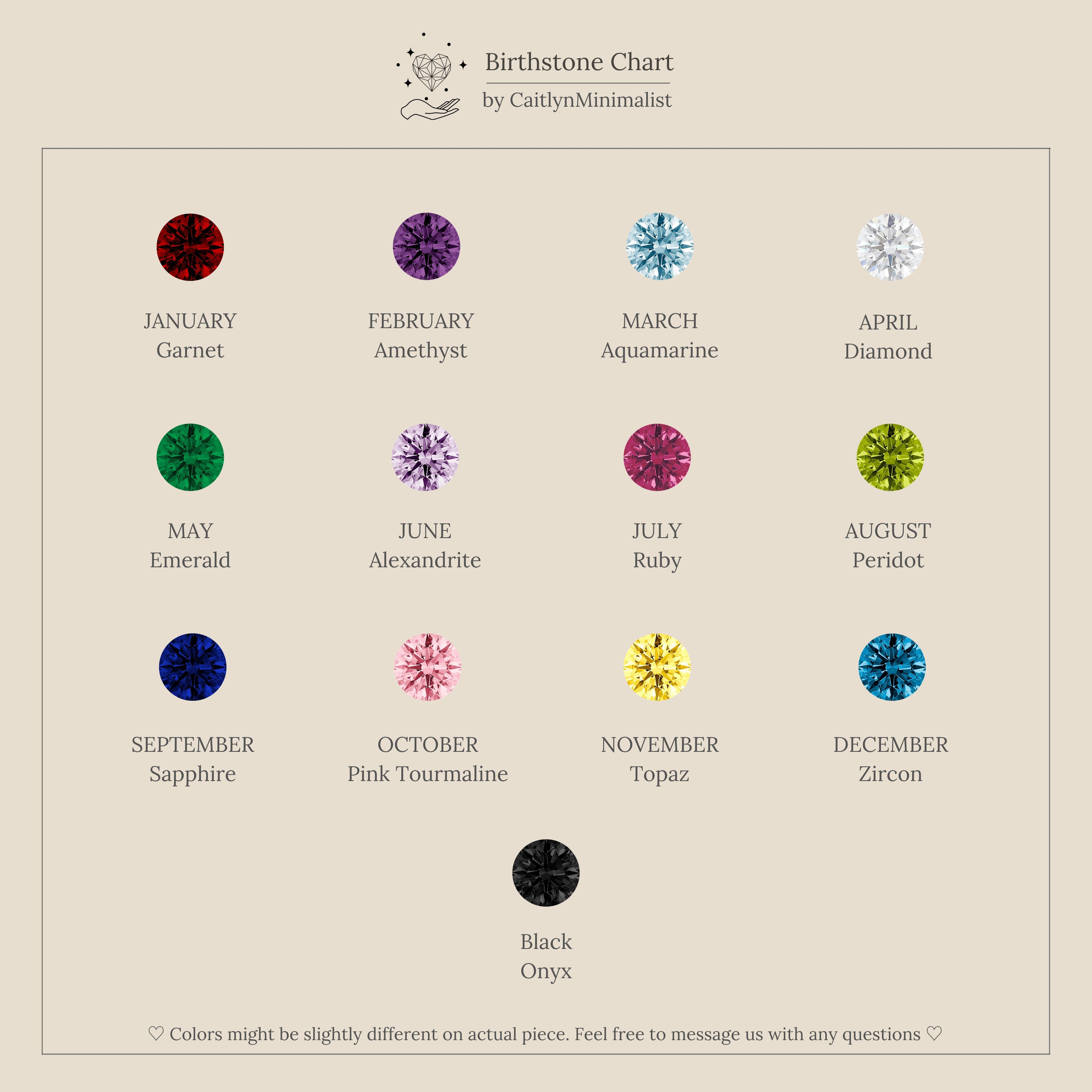 Caitlyn Minimalist birthstone chart featuring garnet, amethyst, aquamarine, diamond, emerald, alexandrite, pink ruby, peridot, sapphire, pink tourmaline, topaz, blue zircon, and black onyx.