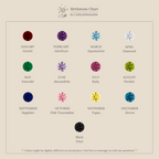 A birthstone chart displays twelve colored gemstones by month, black onyx at the bottom, and the Amethyst Drop Curve Ring showcased as an ideal stacking ring choice.