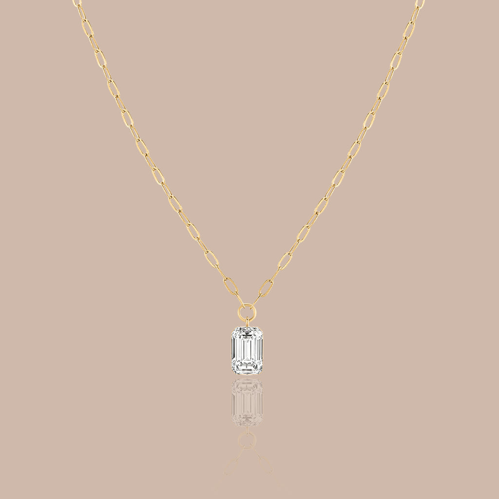 14K Gold Diamond Emerald Cut Solitaire Necklace