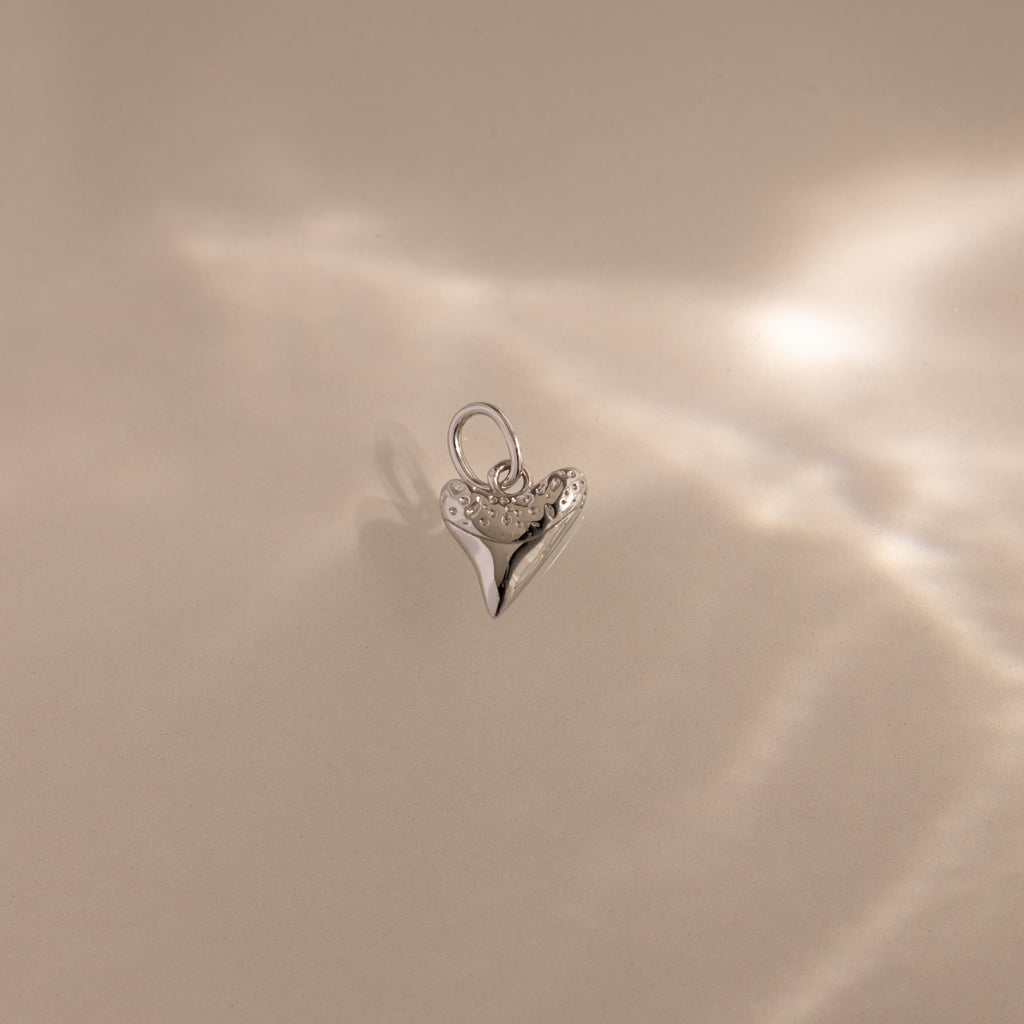 The Dainty Shark Tooth Charm in Silver shines on a neutral background with soft, diffused reflections—an elegant piece for any lover of coastal jewelry.