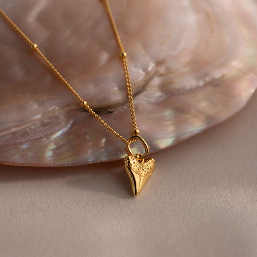 An 18K gold shark tooth necklace, ideal for lovers of coastal jewelry, is displayed on an iridescent seashell background.