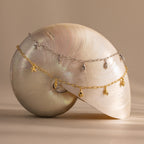 The Ocean Charm Necklace glistens atop a shiny, iridescent seashell on a neutral background, capturing the essence of seaside-inspired jewelry.