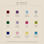 This chart showcases colored gems for each month, labeled with gem names and styled after elegant princess-cut stones—ideal for selecting your Infinity Princess Birthstone Charm.