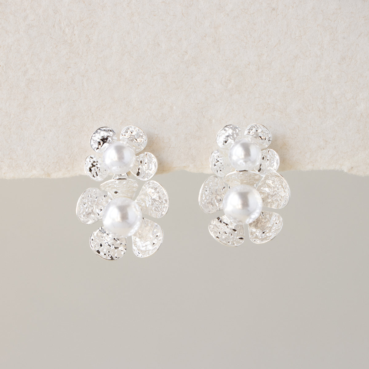 Duo Pearl Flower Studs in Silver