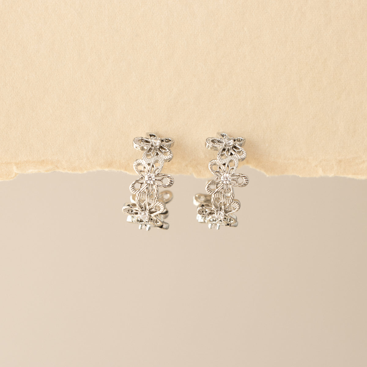 Diamond Blossom Hoop Studs in Silver