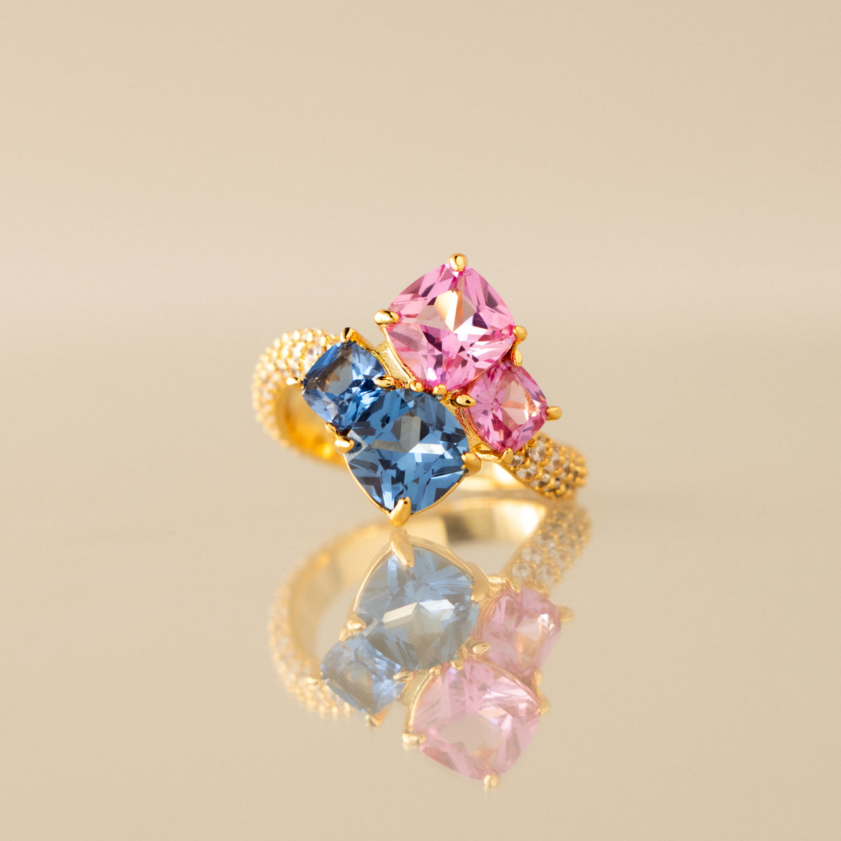 Arrayed Pink Tourmaline & Blue Zircon Ring