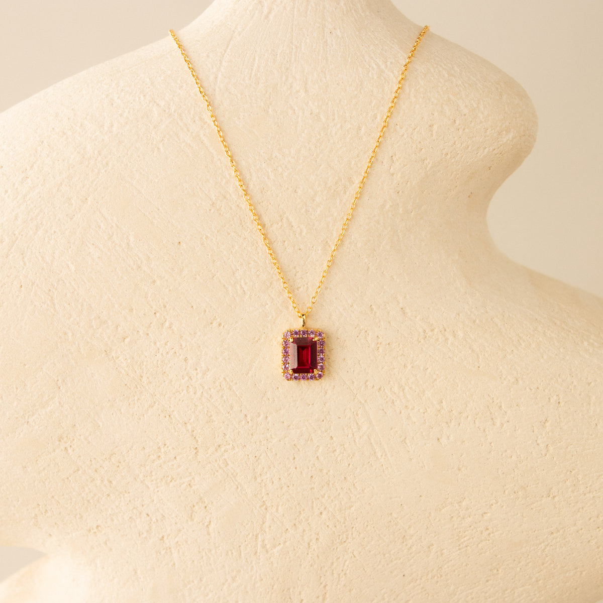 Large Pink Emerald-Cut Halo Necklace