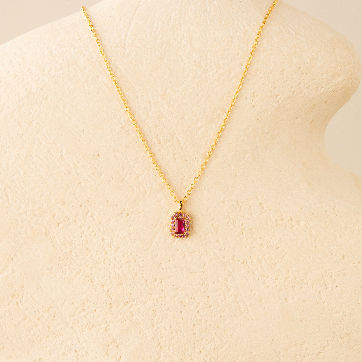 Pink Emerald-Cut Halo Necklace