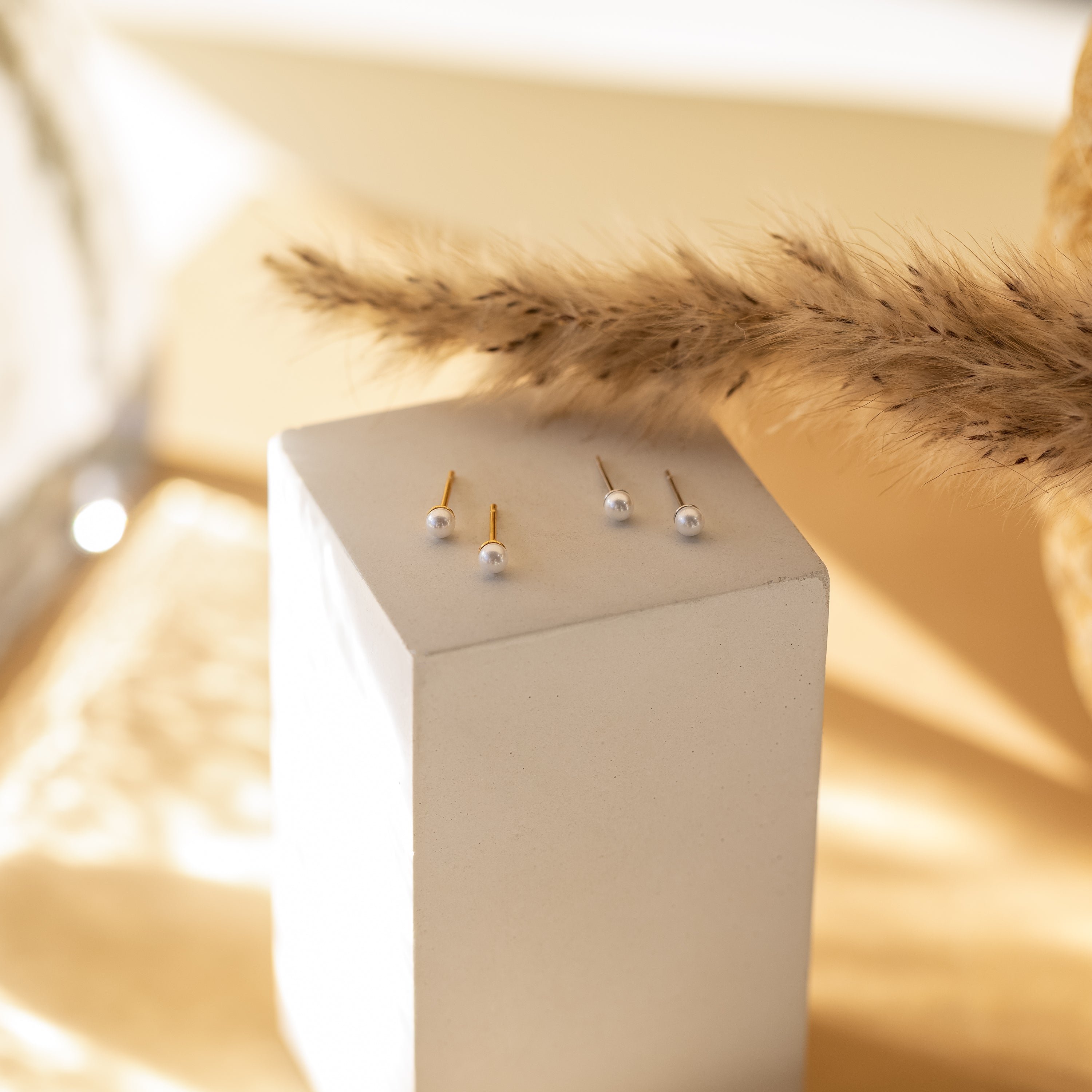 Four Dainty Pearl Studs in Sterling Silver are displayed on a white rectangular block with dried grass in the background, accentuating their delicate elegance.
