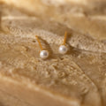 Dainty Pearl Studs featuring round white pearls on a textured beige stone surface—perfect minimalist earrings or for stacking with other styles.