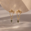 Agate Star Chain Earrings in 18K Gold featuring celestial design, delicate chain dangles, and green agate accents, displayed on a neutral background.