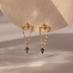 Agate Star Chain Earrings in 18K Gold featuring celestial design, delicate chain dangles, and green agate accents, displayed on a neutral background.