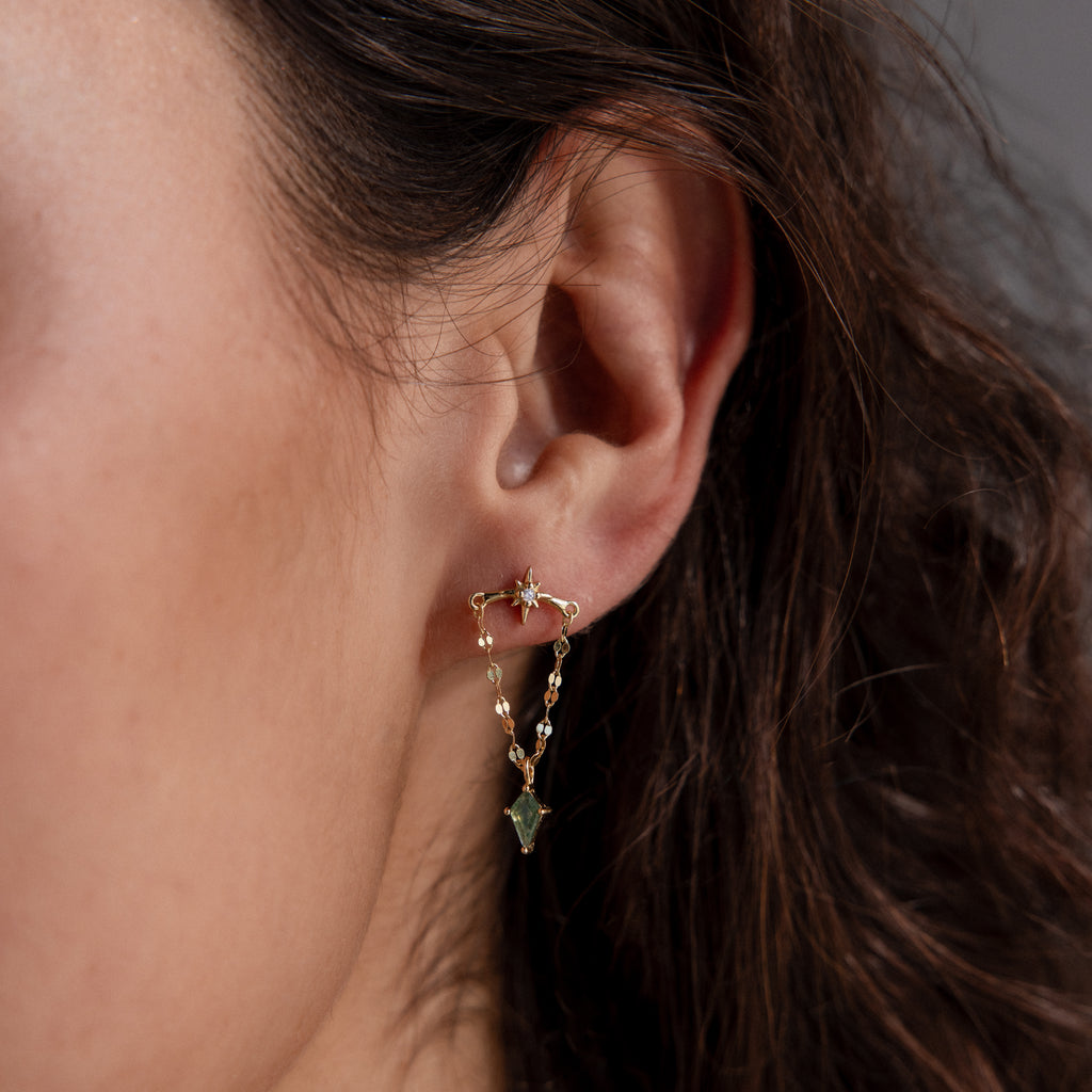 Close-up of an ear adorned with Agate Star Chain Earrings in 18K Gold—featuring a celestial design with a dangling green agate gemstone and chain.