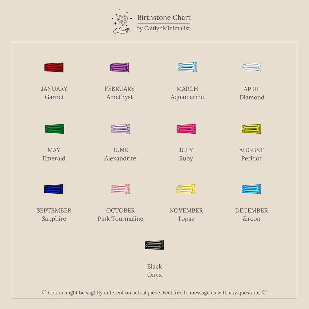 Discover the Multiple Tapered Birthstone Huggies in Rose Gold, inspired by a chart of monthly gemstones and black onyx, each with matching colors and names—perfect for creating colorful, personalized statement earrings.