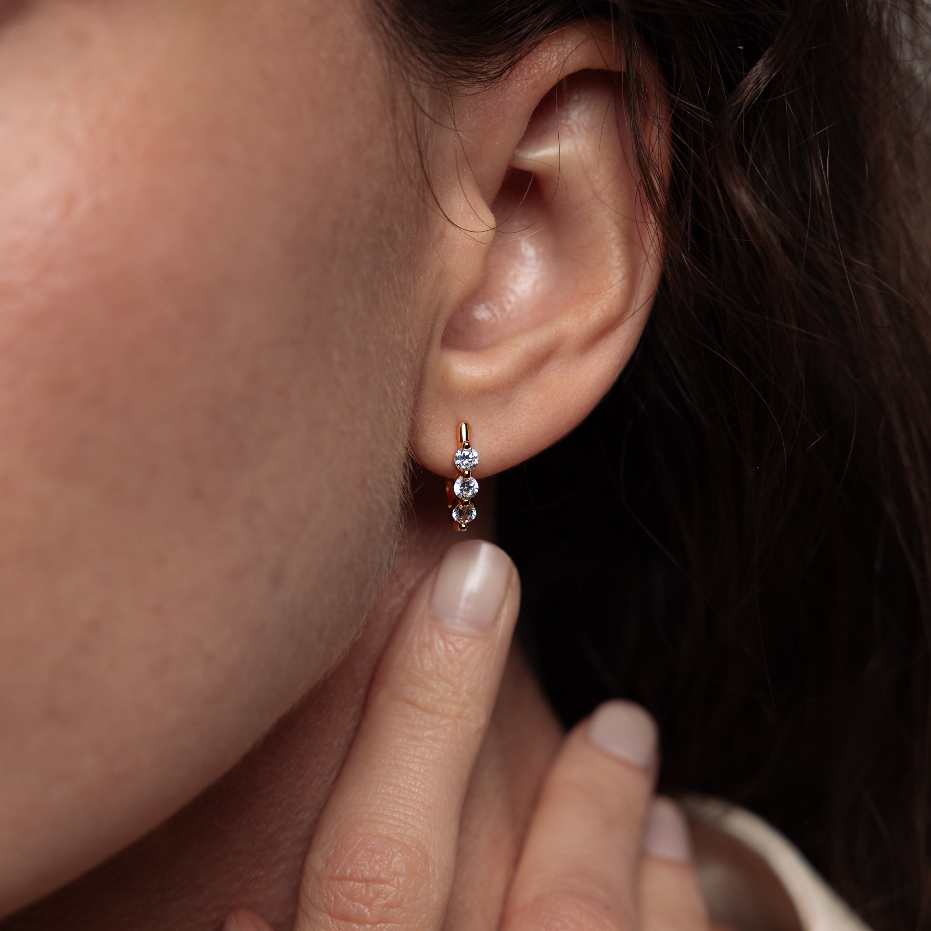 Close up of model wearing our Lace Diamond Hoops in Gold
