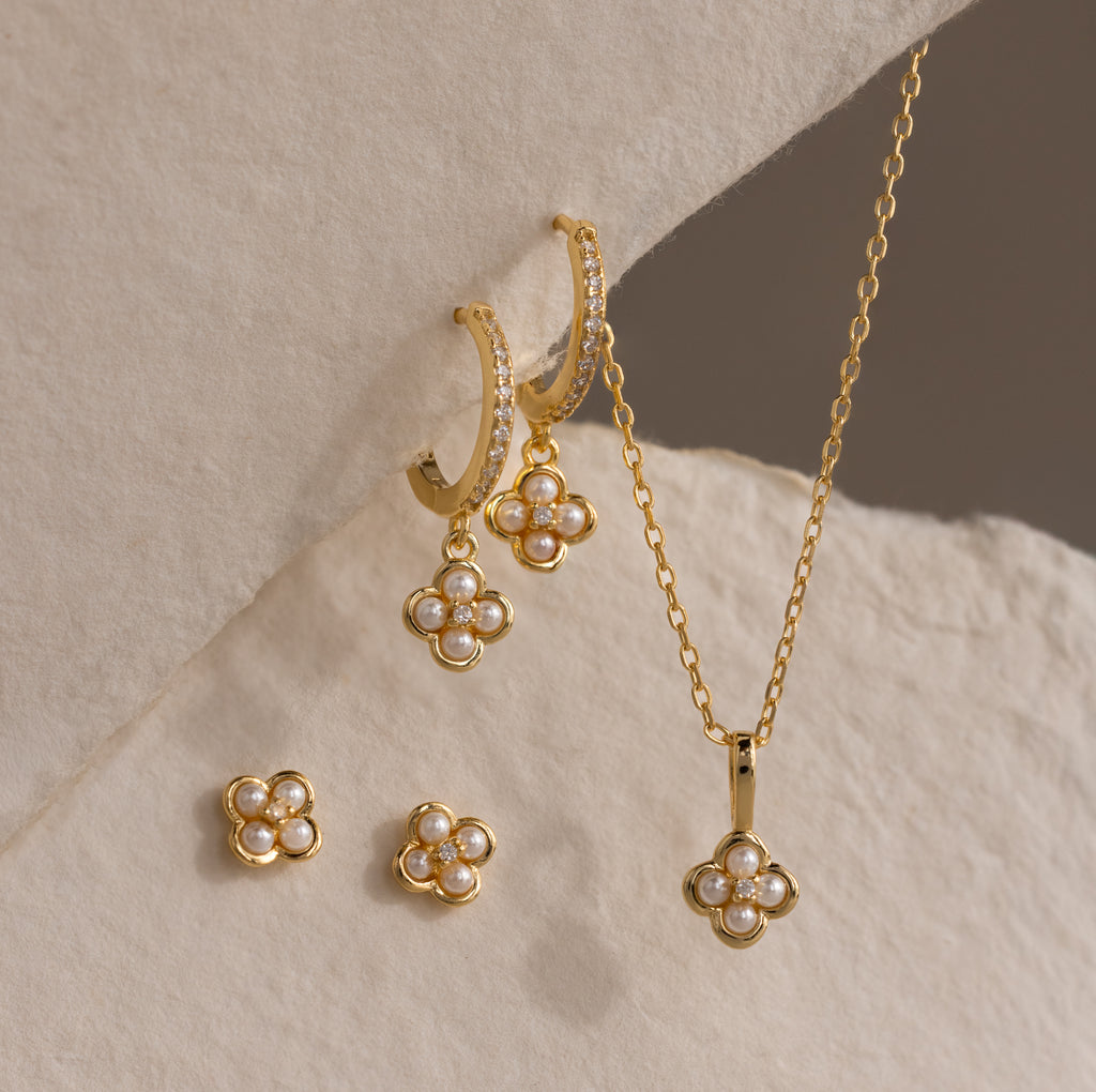 Rounded Pearl Flower Studs in 18K Gold
