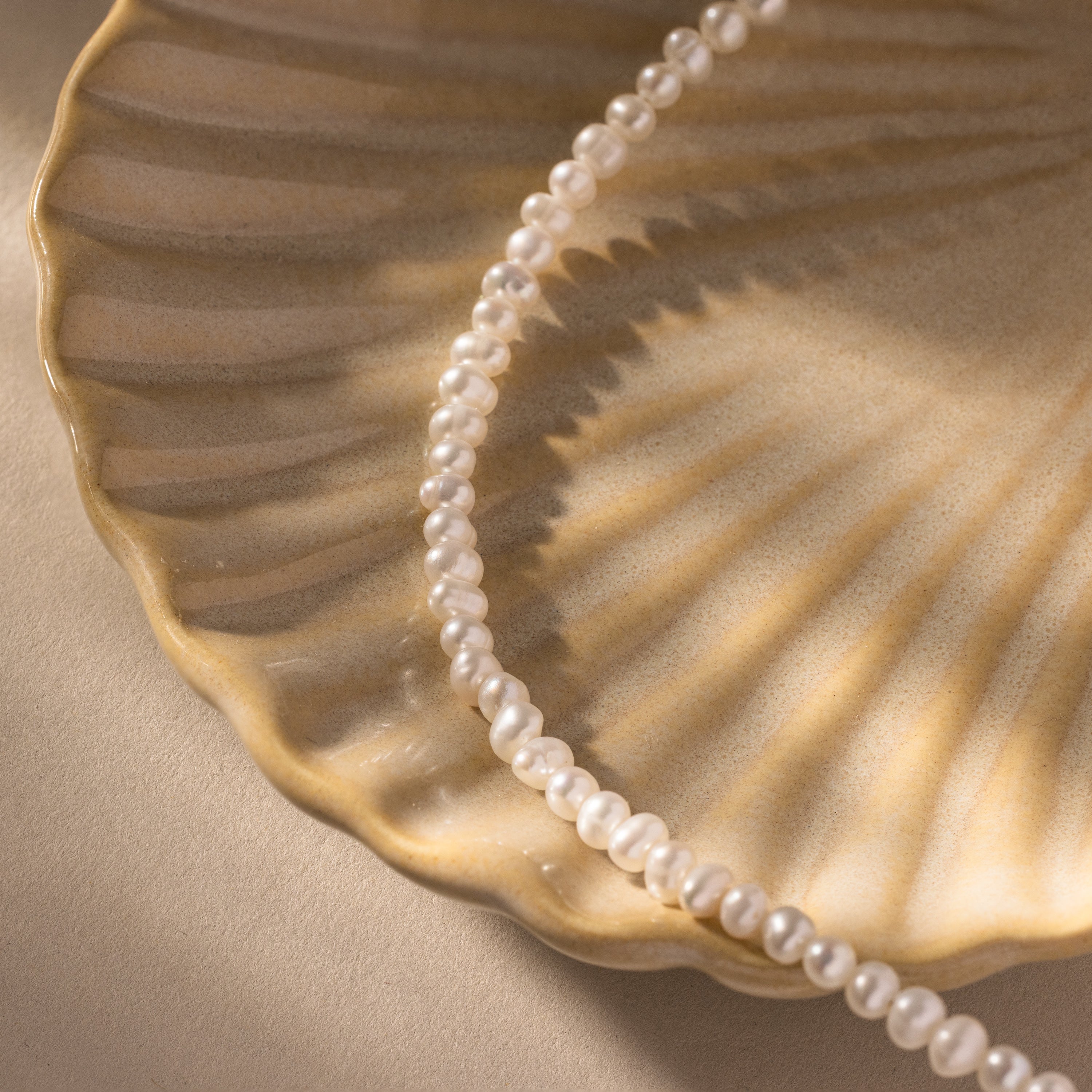 The Venus Pearl Bracelet, crafted from freshwater pearls, rests on a ceramic shell-shaped dish and casts gentle shadows across the surface.