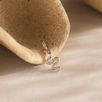 Sterling silver viper charm lying at the opening of a curved ceramic shell.