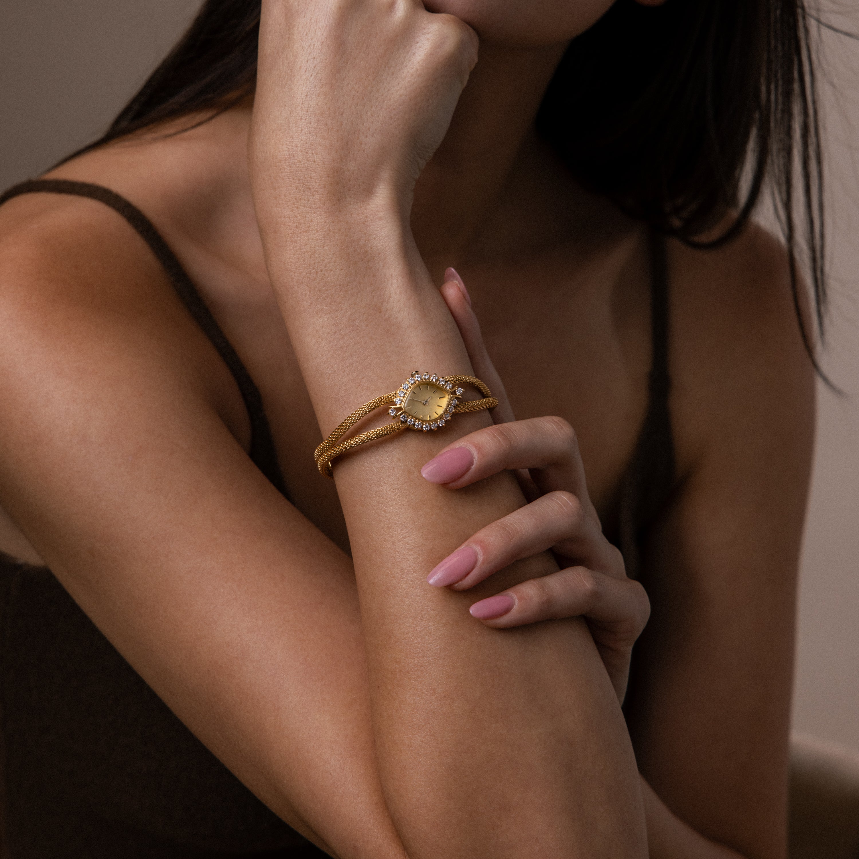A model wearing our Duo Chain Diamond Timepiece watch