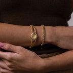 Model wearing our our Duo Chain Diamond Timepiece watch with our S-Link Tennis Bracelet