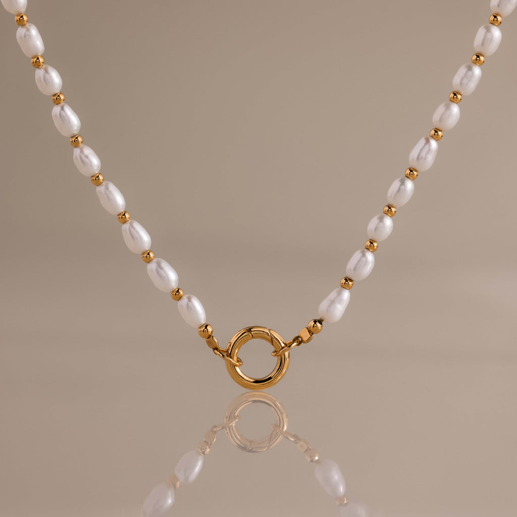 Pearl Station Beaded Charm Necklace in 18K Gold