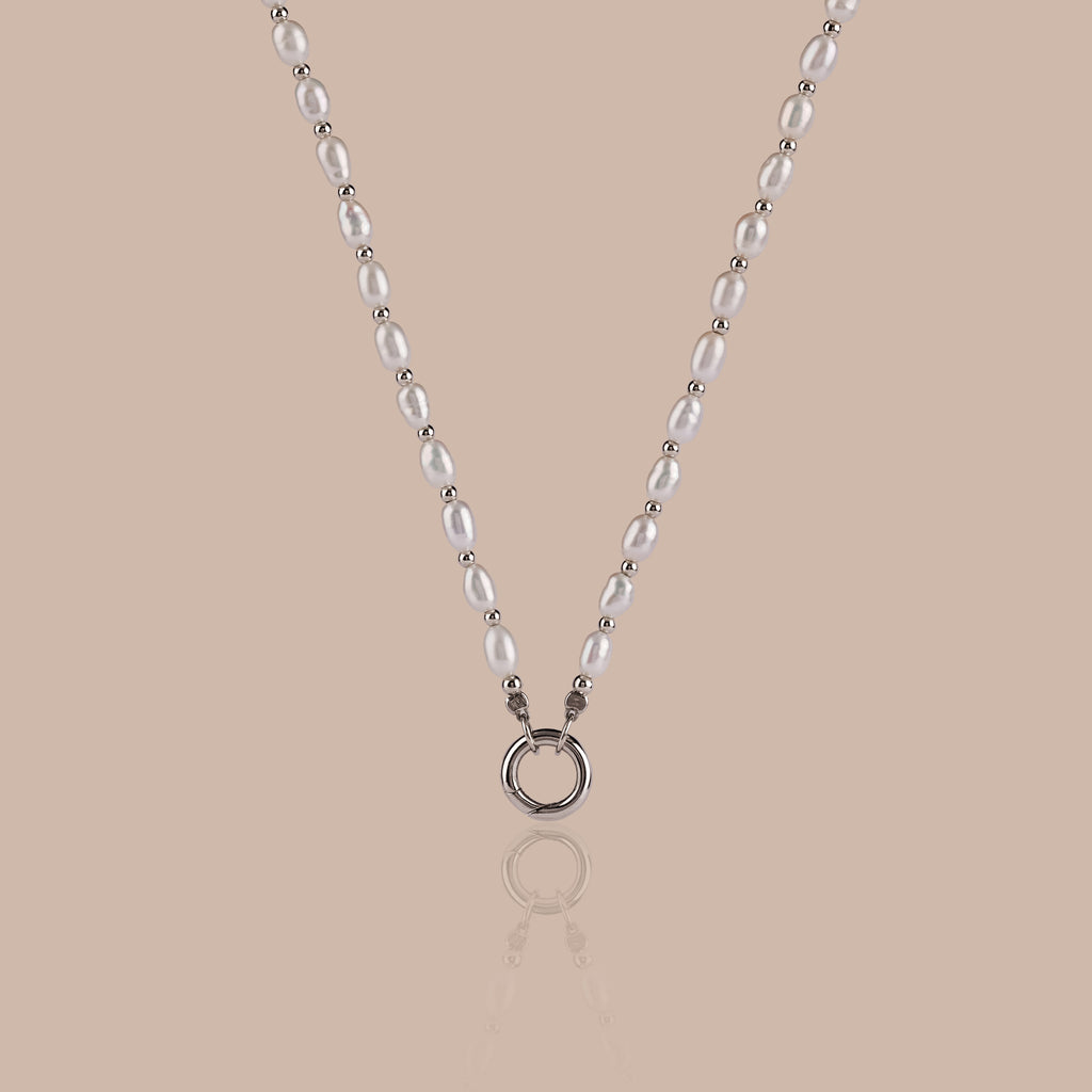 Pearl Station Beaded Charm Necklace in Silver