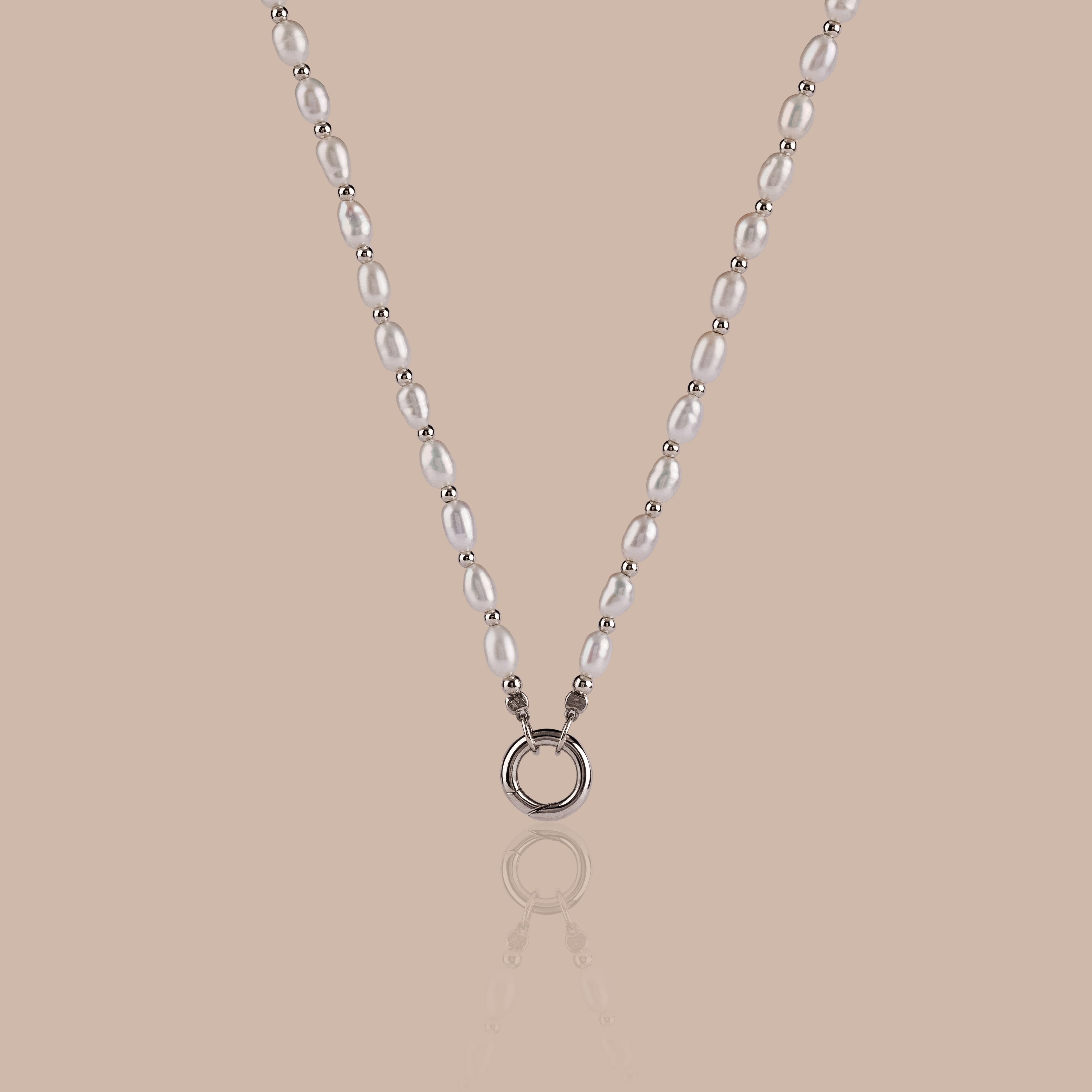Pearl Station Beaded Charm Necklace in Silver