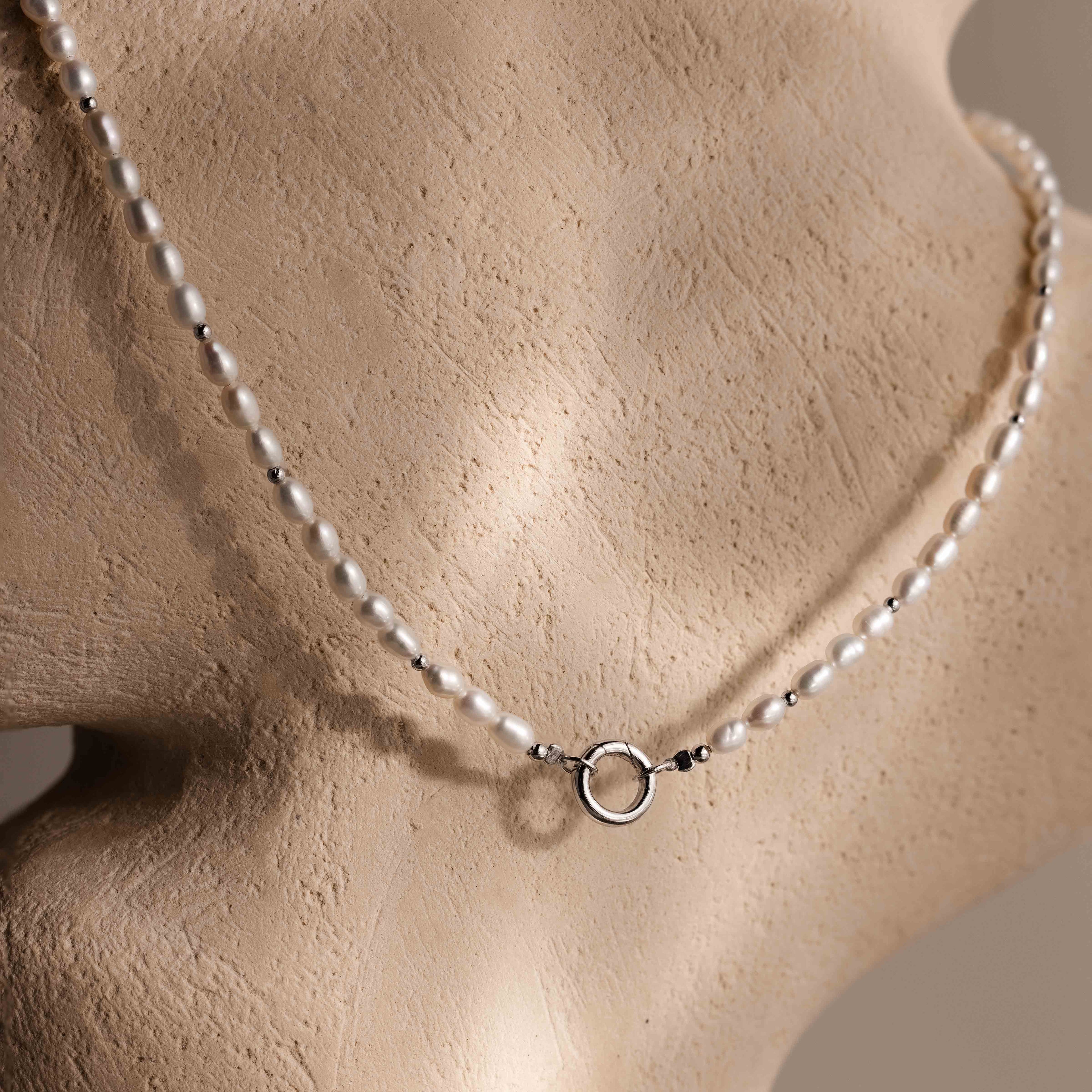 Pearl Beaded Charm Necklace in Silver