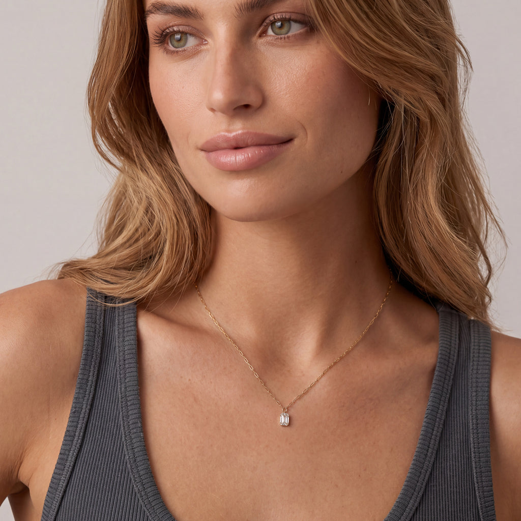 Solid Gold Diamond Emerald-Cut Solitaire Necklace