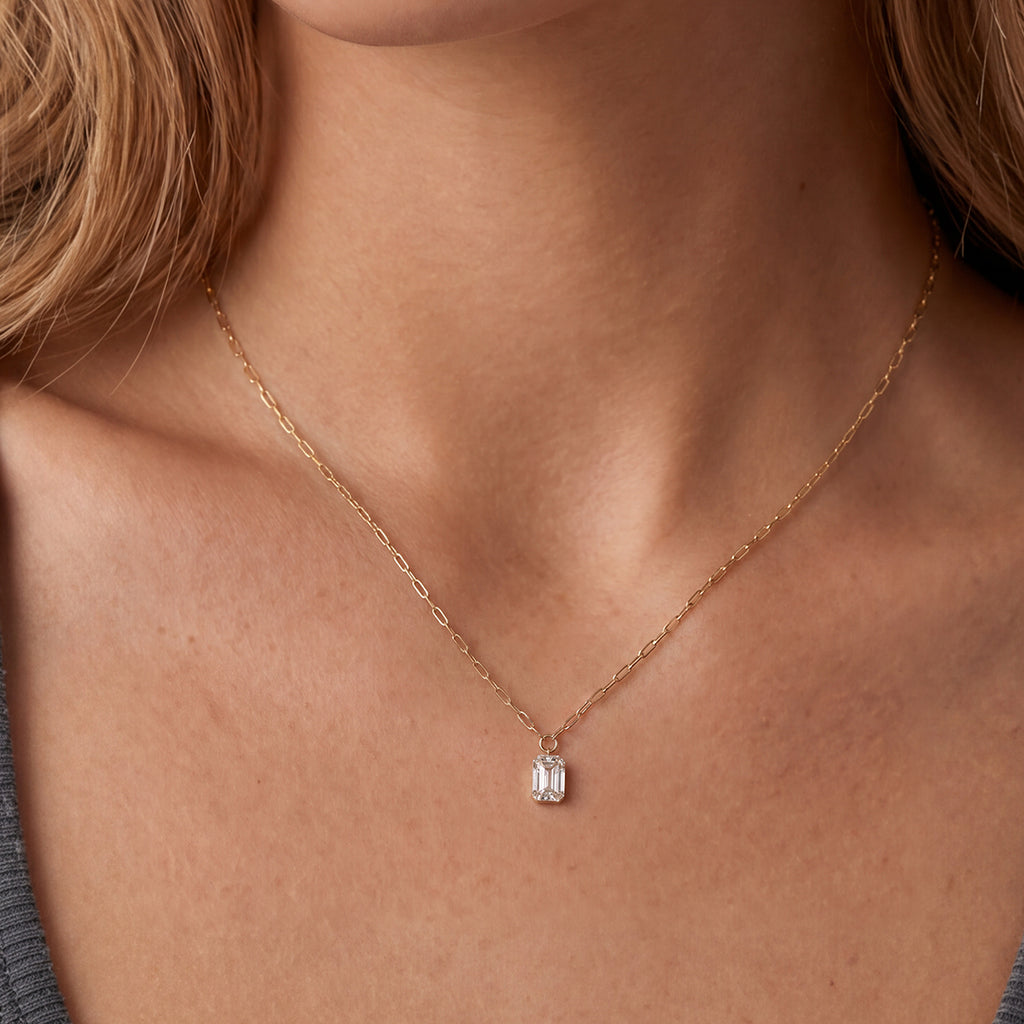 Solid Gold Diamond Emerald-Cut Solitaire Necklace